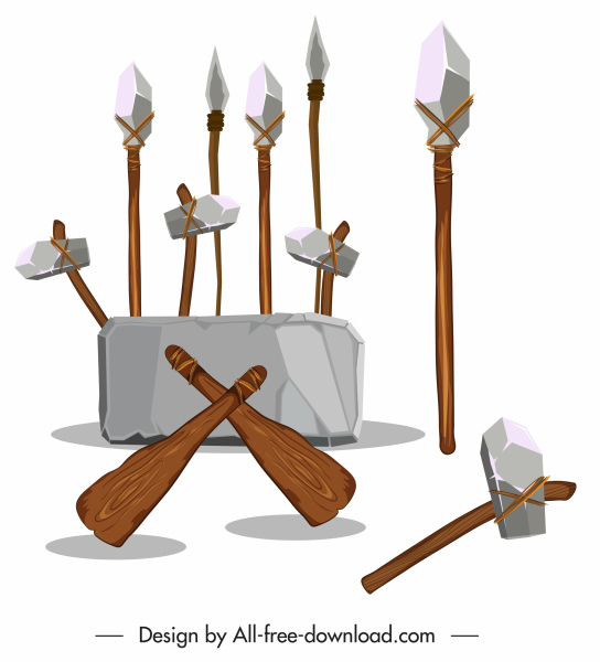 Steinzeit Waffen Symbole Lanzen, Dolche Äxte skizzieren