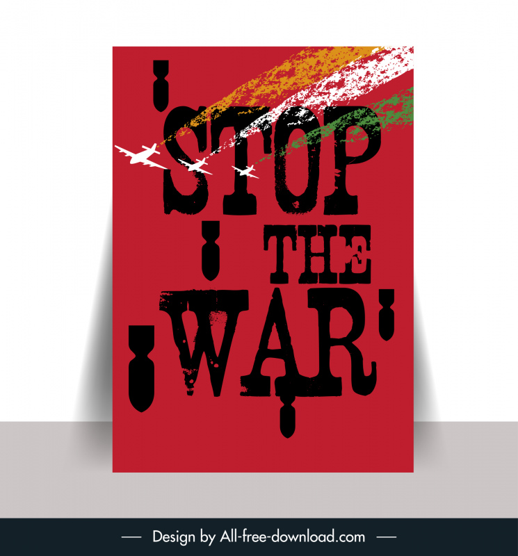 Plantilla de póster de Stop the War Textos retro planos Bombas Aviones dinámicos decoración
