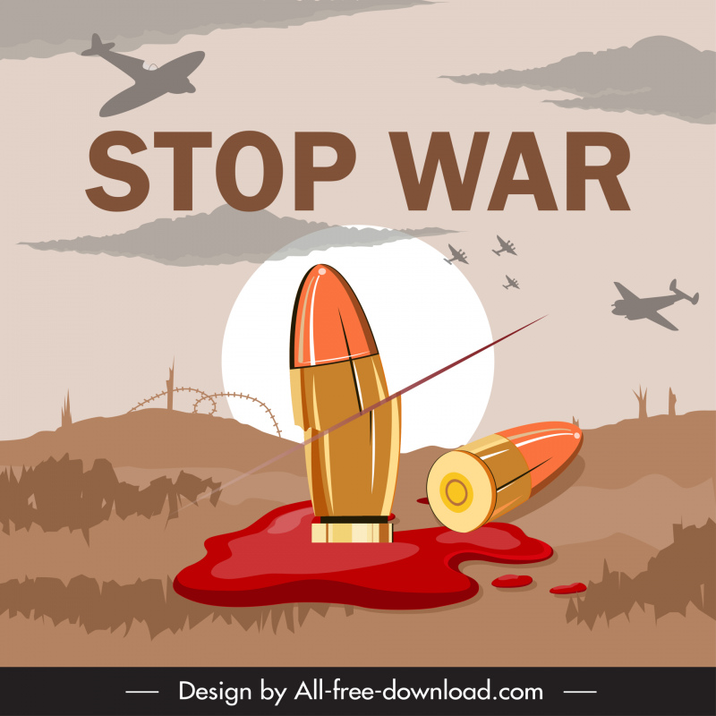 Stoppt den Krieg Banner Schaden Kugel Gefechtskopf Flugzeug Schlachtfeld Skizze
