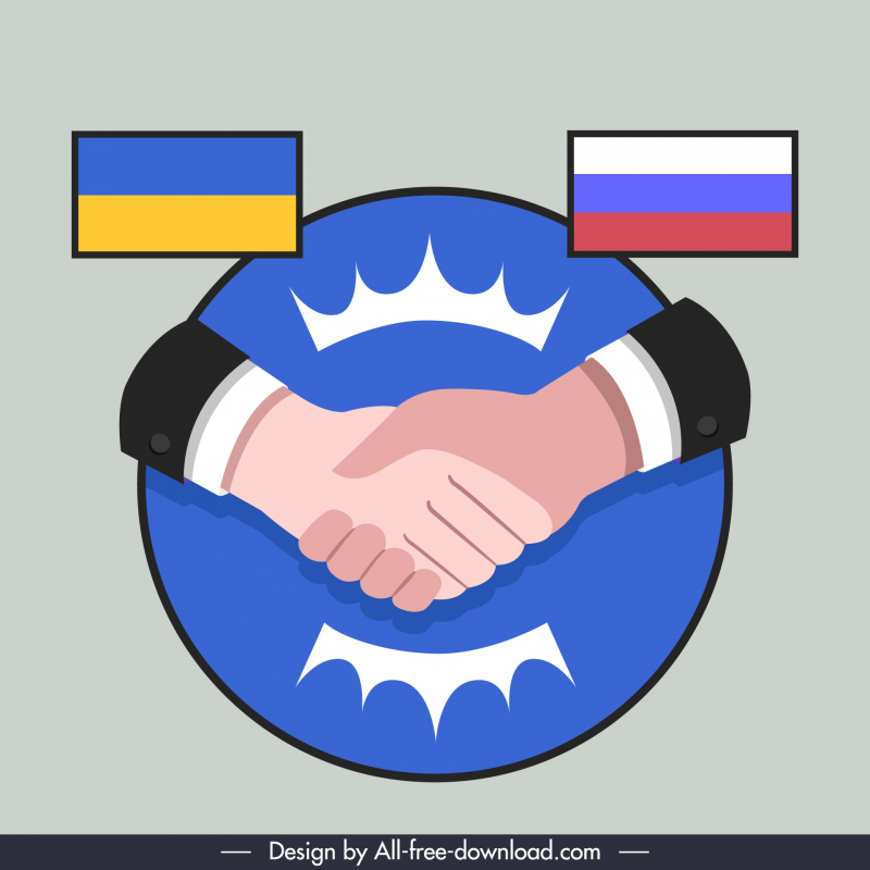 Plantilla de logotipo de Stop War Apretón de manos plano Boceto de banderas rusas ucranianas