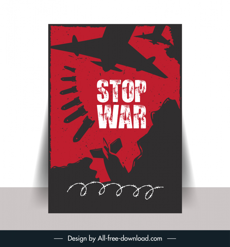 Stop War Poster Vorlage Dunkle flache Silhouette Kriegselemente Skizze