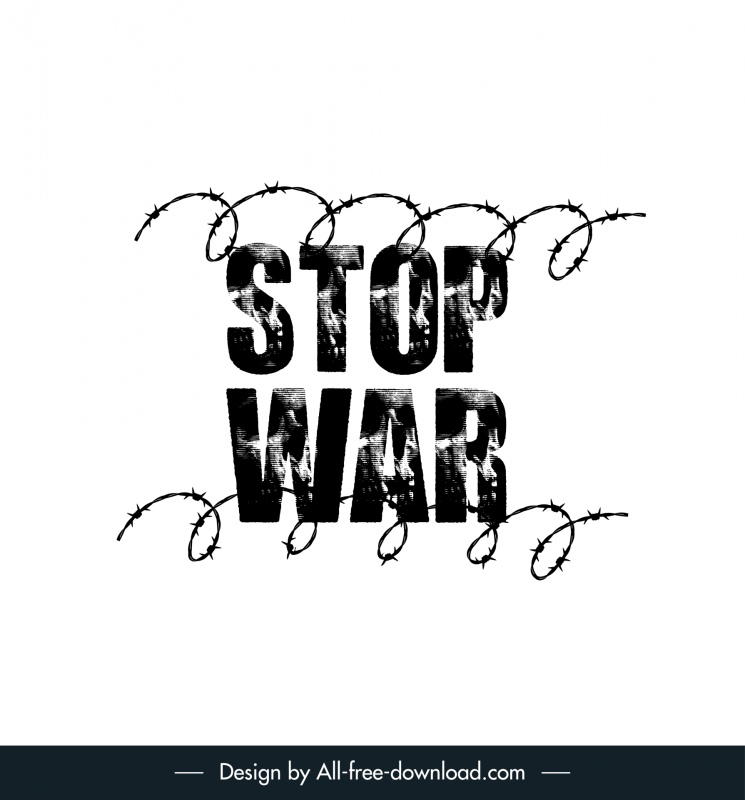 Stop War Schild Banner Retro Schwarz Weiß Stacheldraht flache Skizze