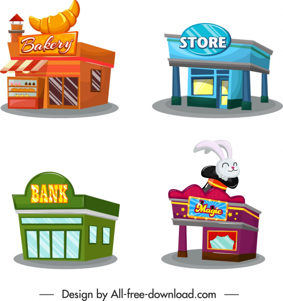 icônes de bureau de magasin croquis 3d coloré
