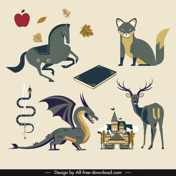 ストーリーブックのデザイン要素古典的な動物のオブジェクトのスケッチ