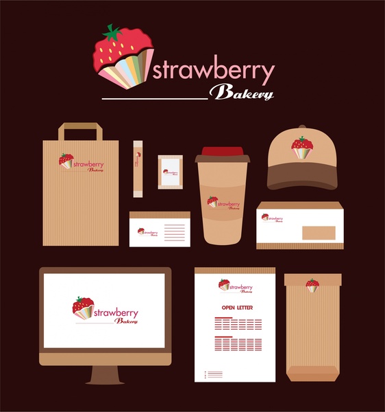 Erdbeer-Bäckerei Identität verschiedene Symbole auf dunklem Hintergrund