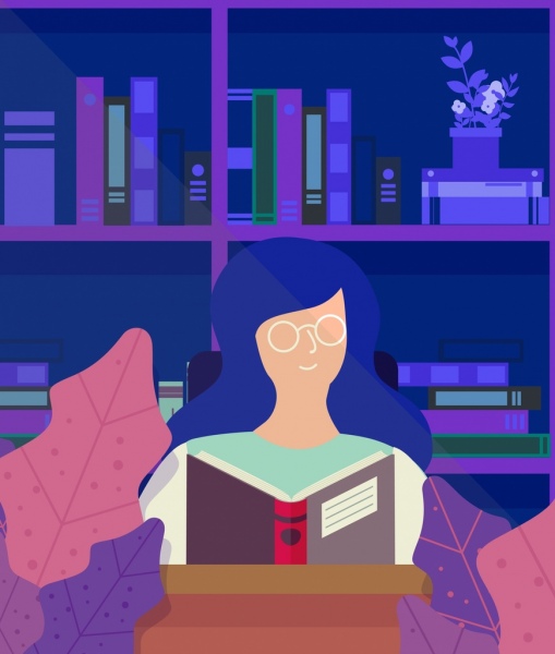Fondo de estudiante leyendo a niña de esbozo de dibujos animados icono biblioteca