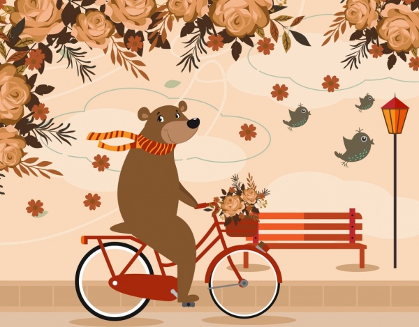Dibujo de animales estilizados oso Riding Bicycle rosas iconos