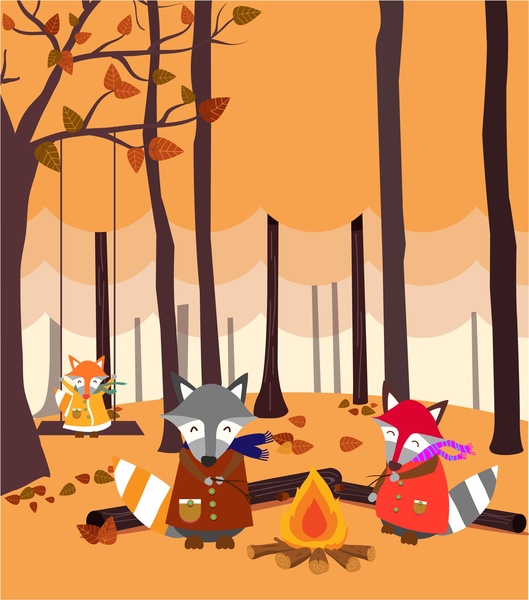 stylizowane fox rodziny wypalania w lesie bezlistne, rysunek