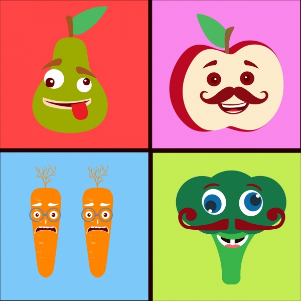 Los iconos de diseño de dibujos animados de colores vegetales estilizados