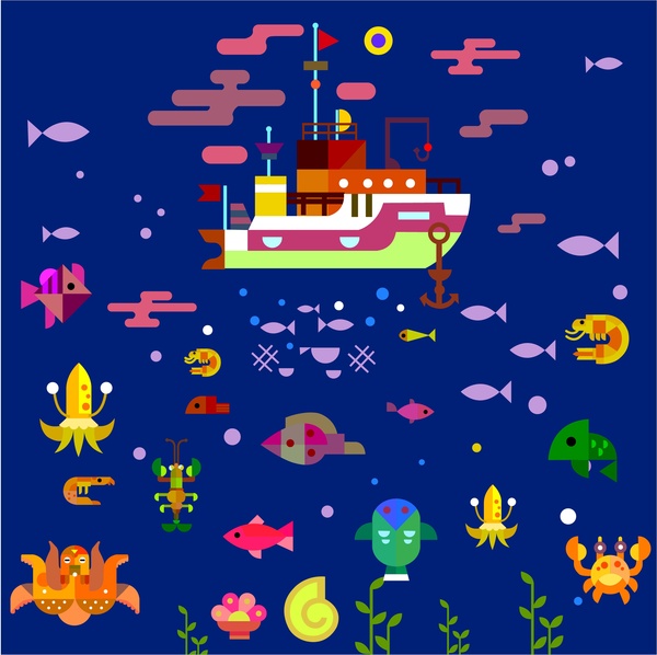 Подводный мир, Рисование с Плоский цветной дизайн