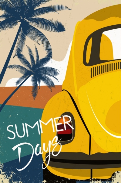 verano fondo coche playa iconos closeup diseño retro