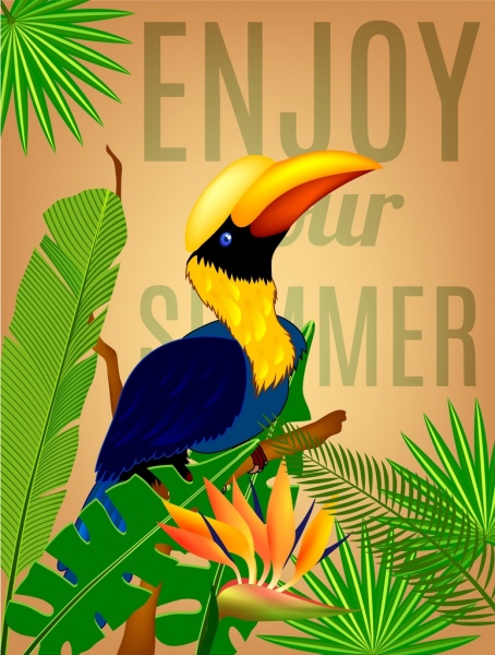 summer contexte coloré perroquet icônes des feuilles tropicales ornement