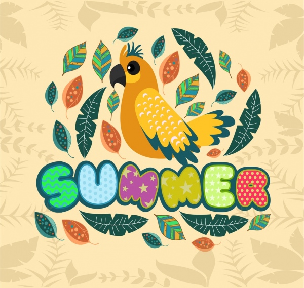 여름 배경 다채로운 앵무새 아이콘 장식 나뭇잎