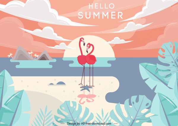 fond d’été, flamant rose, icônes, décor de scène de plage