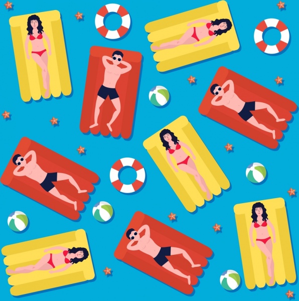 fundo de verão relaxante design plano colorido de pessoas tomar banhos de sol