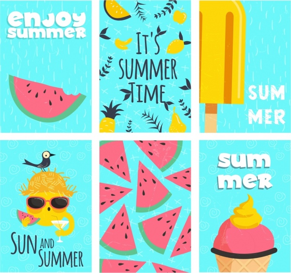 musim panas latar belakang set semangka buah krim ikon