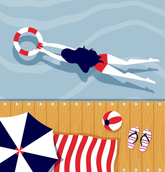 фон летом плавание женщина иконы мультфильм дизайн