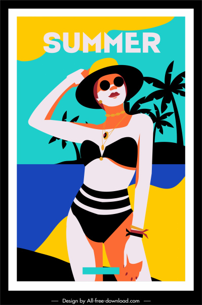 musim panas banner bikini gadis sketsa warna-warni klasik