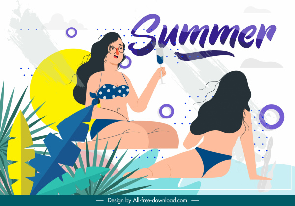 lato banner bikini dziewczyny szkic kreskówki projekt
