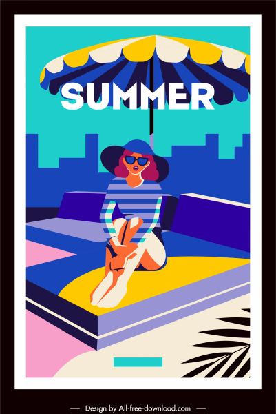 夏季橫幅比基尼女士素描五顏六色的卡通設計。