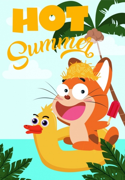 여름 배너 귀여운 만화 디자인 양식에 일치 시키는 고양이 아이콘