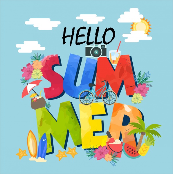 projeto de banner com textos coloridos e símbolos de verão