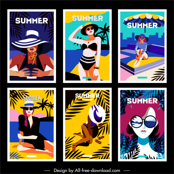 夏季横幅女士海滩时尚素描卡通人物