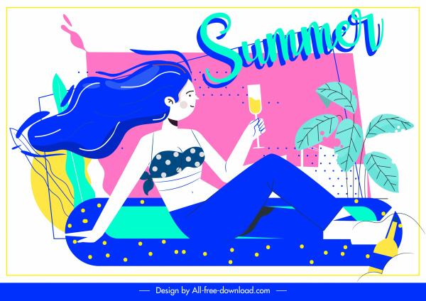 夏季橫幅休息女孩雞尾酒豐富多彩的設計