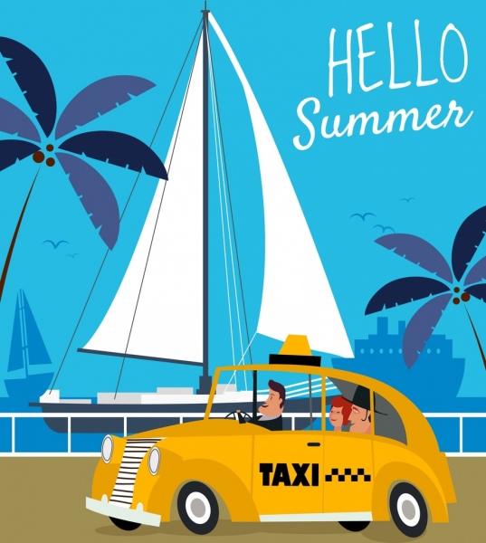 verão banner táxi navio ícones design dos desenhos animados