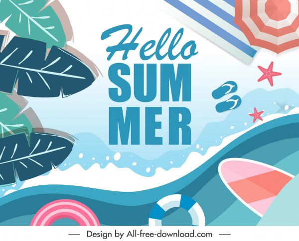 여름 배너 템플릿 플랫 다채로운 잎 바다 요소