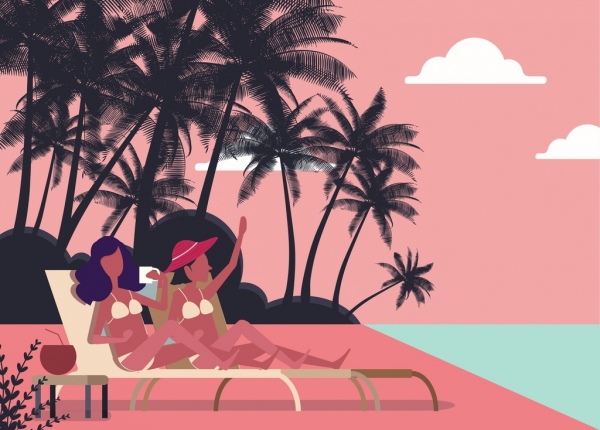 Летом пляж фон бикини женщин значок мультфильм дизайн