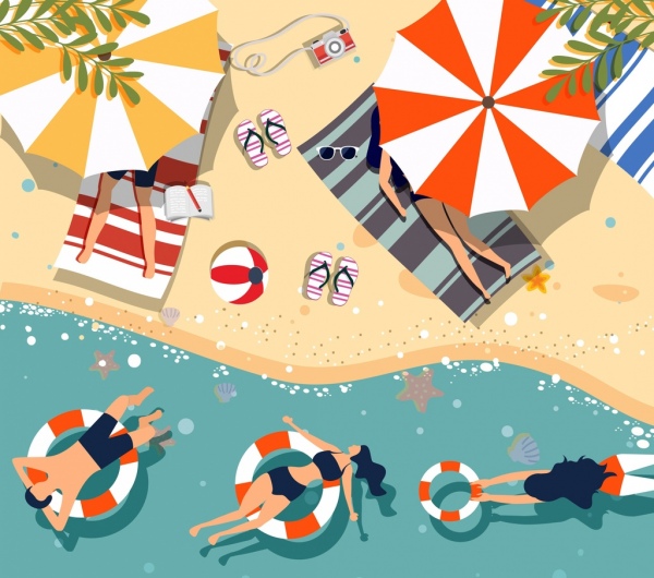 Летом пляж расслабленной люди значок цветной мультфильм рисования