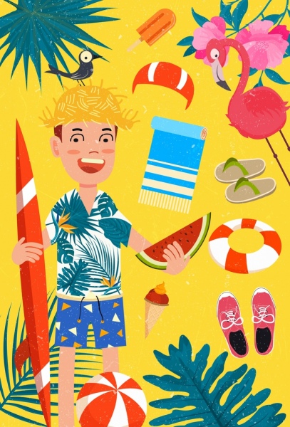 Летом пляж отпуск элементы дизайна Красочный мультфильм стиле