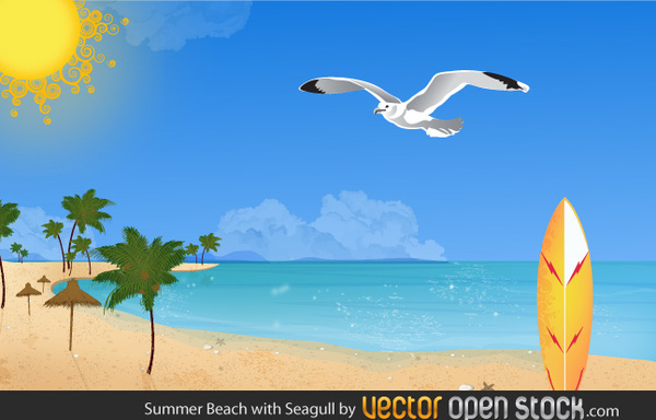 Praia de verão com gaivotas
