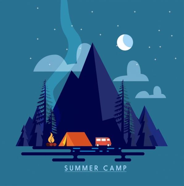 icônes de moonlight summer camp bannière montagne naturel