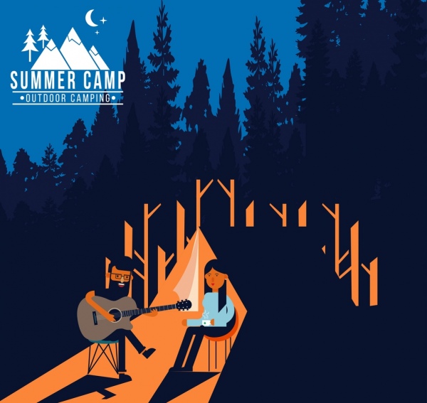 여름 캠프 포스터 사람들이 연주 기타 숲 배경