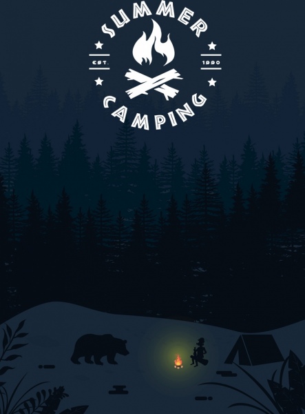 여름 캠핑 배경 텐트 인간 곰 밤 아이콘