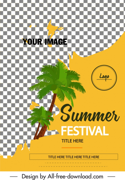 musim panas festival banner kotak-kotak dekorasi pohon kelapa ikon