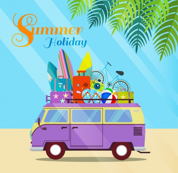 liburan musim panas banner mobil papan selancar Bagasi ikon