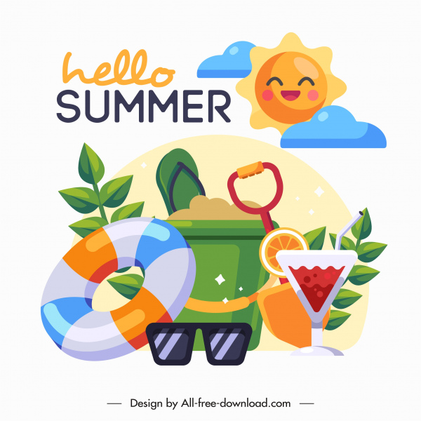 banner de vacaciones de verano coloridos símbolos de playa bosquejo