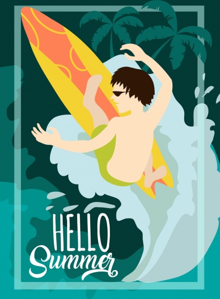 Vacaciones de verano banner emocionado Surfer diseño de icono