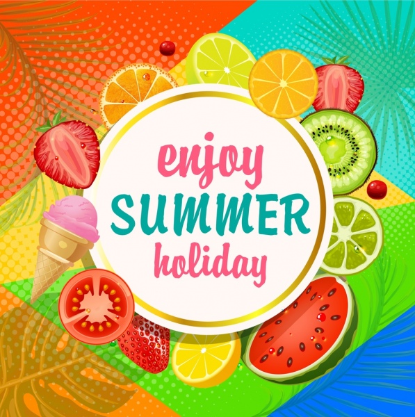 Vacaciones de verano banner frutas rebanadas iconos decoracion