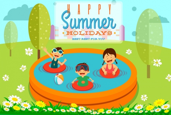 vacaciones de verano banner iconos de piscina de los niños alegres