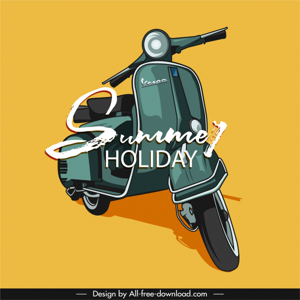 spanduk liburan musim panas sketsa sepeda motor vespa retro