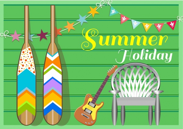 Vacaciones de verano banner fila guitarra silla iconos decoracion