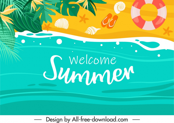 yaz tatili afiş sahil sahnesi renkli düz tasarım