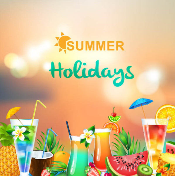 liburan musim panas mengaburkan latar belakang dengan minuman vektor