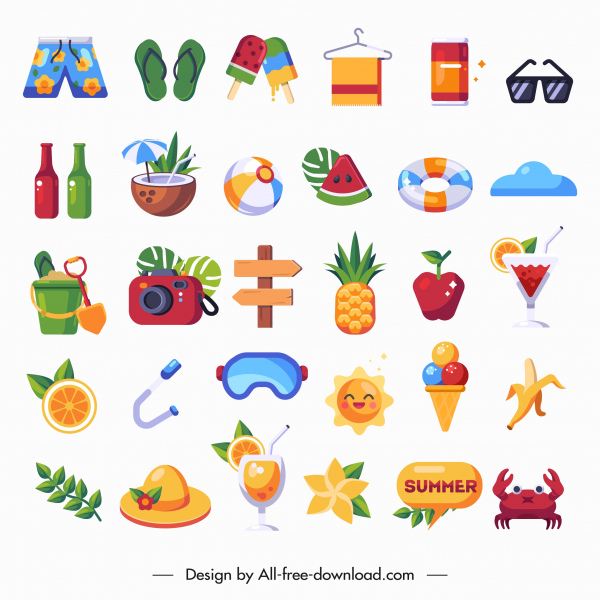 elementos de diseño de vacaciones de verano coloridos emblemas bosquejo