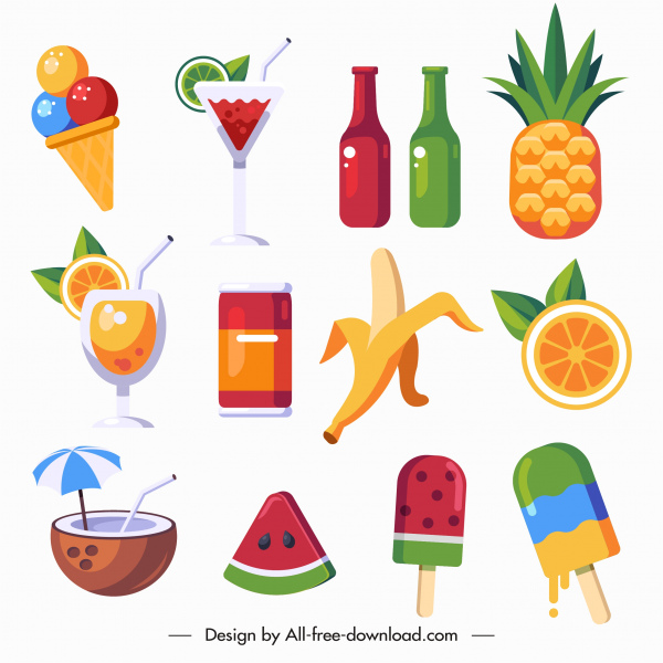 여름 휴가 아이콘 열대 과일 음료 스케치