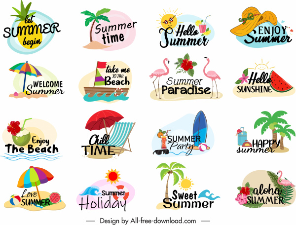 logotipos de férias de verão colorido símbolos de praia esboço